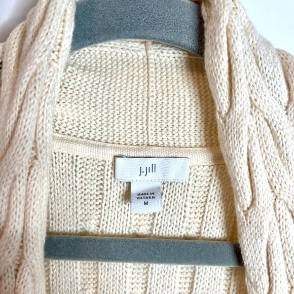 J. Jill Cream Cable Knit Fishermen Sweater Chunky Knit Cardigan Long-Lined M - Picture 2 of 5